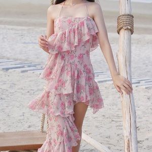 Pink Floral Print Asymmetric Frill Trim Mini Dress
